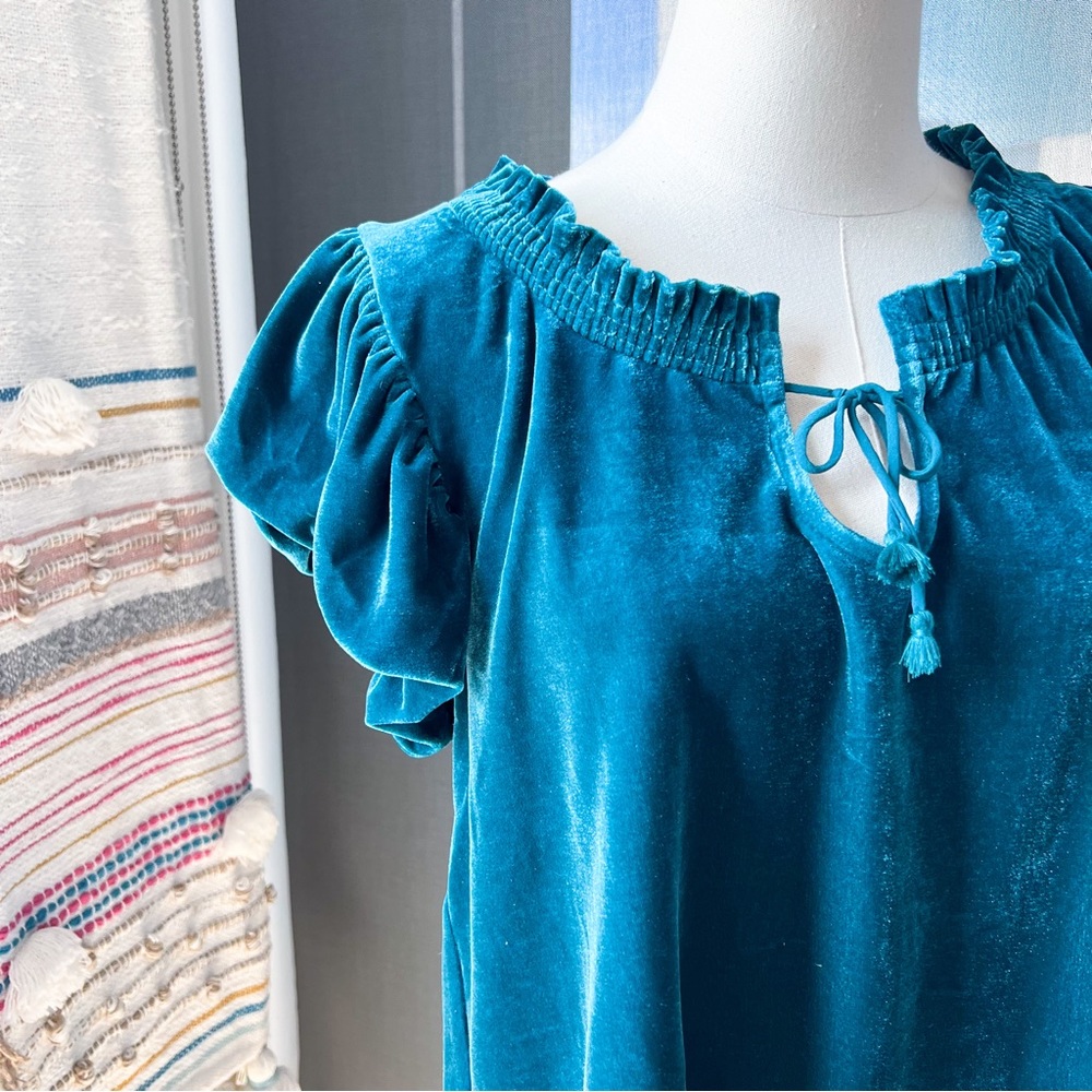 Free People Turquoise Velvet Short Puff Sleeve Pullover Top Women’s Size XS - Picture 2 of 8